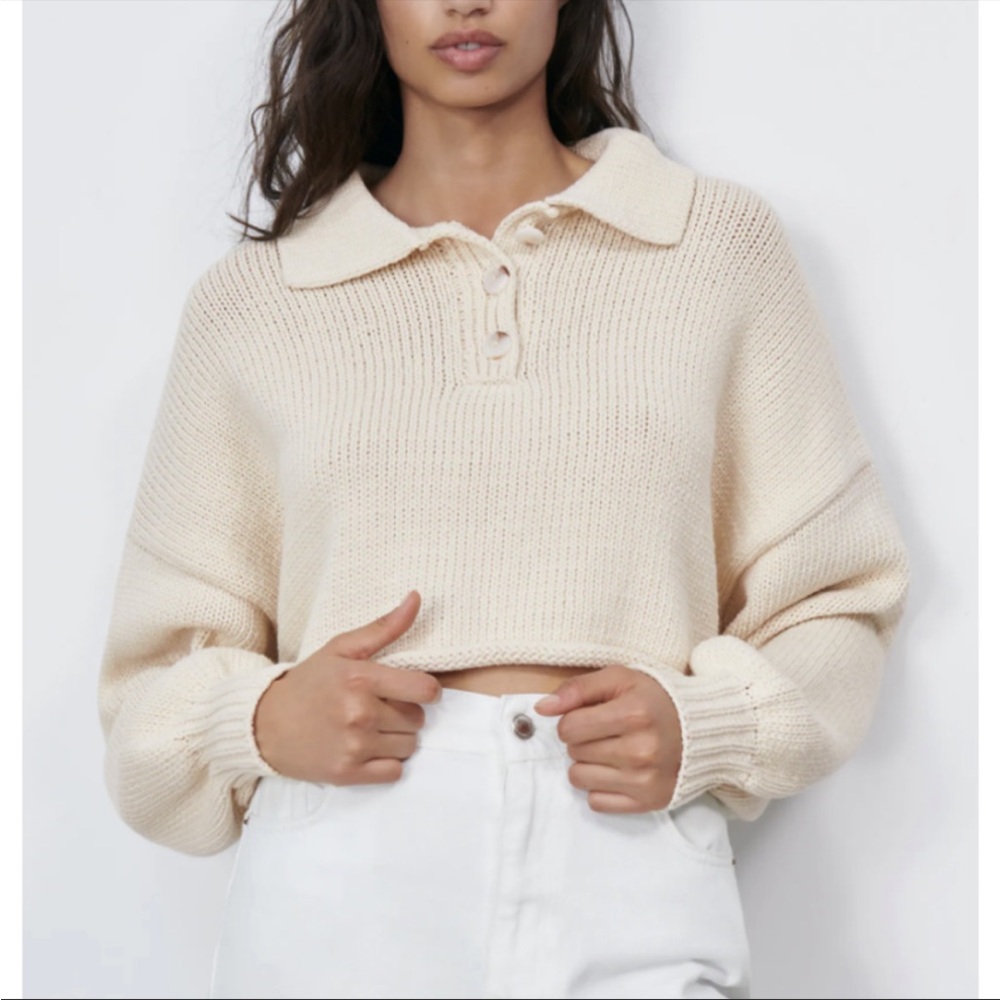 Zara Cropped Polo Chunky Slouchy Sweater Cream
